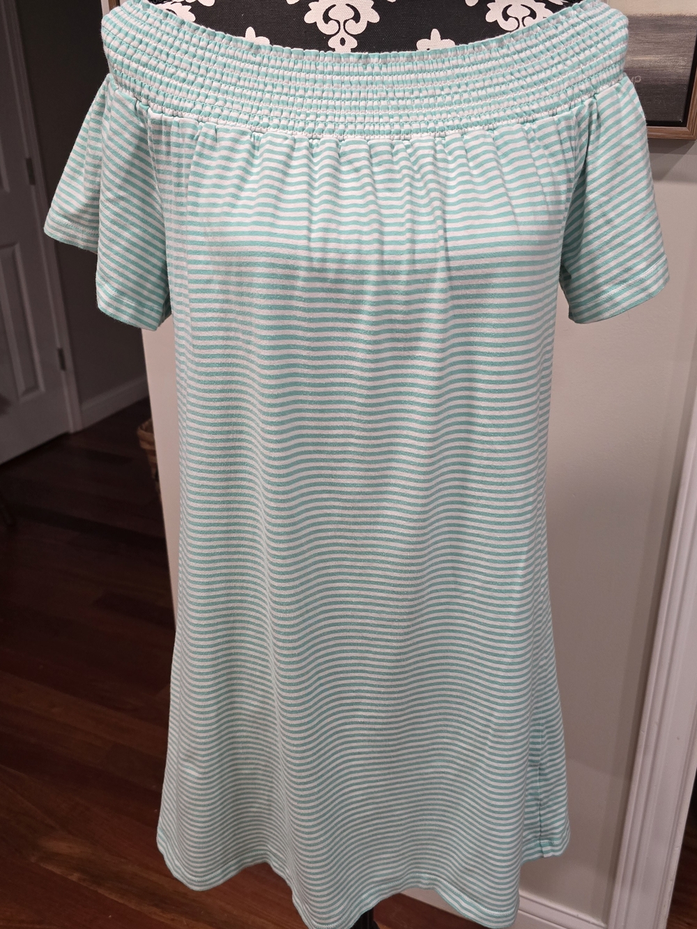 Vineyard Vines Mint and White Striped Off-Shoulder Top